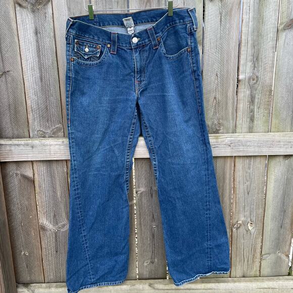 True Religion Joey Flare Jeans Medium Wash Low Rise Denim Blue Size 38x33 USA